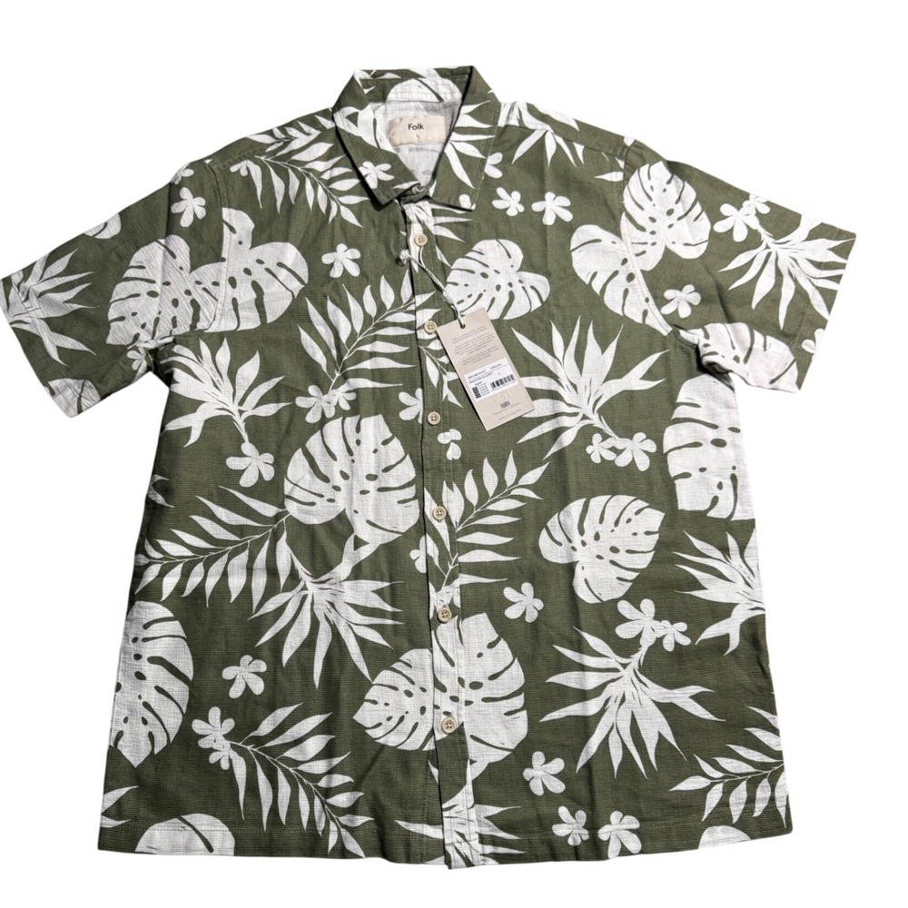 Folk‎ Mens Hawaiian Shirt Green Tropical 100% Cotton Button Up Size Large NWT